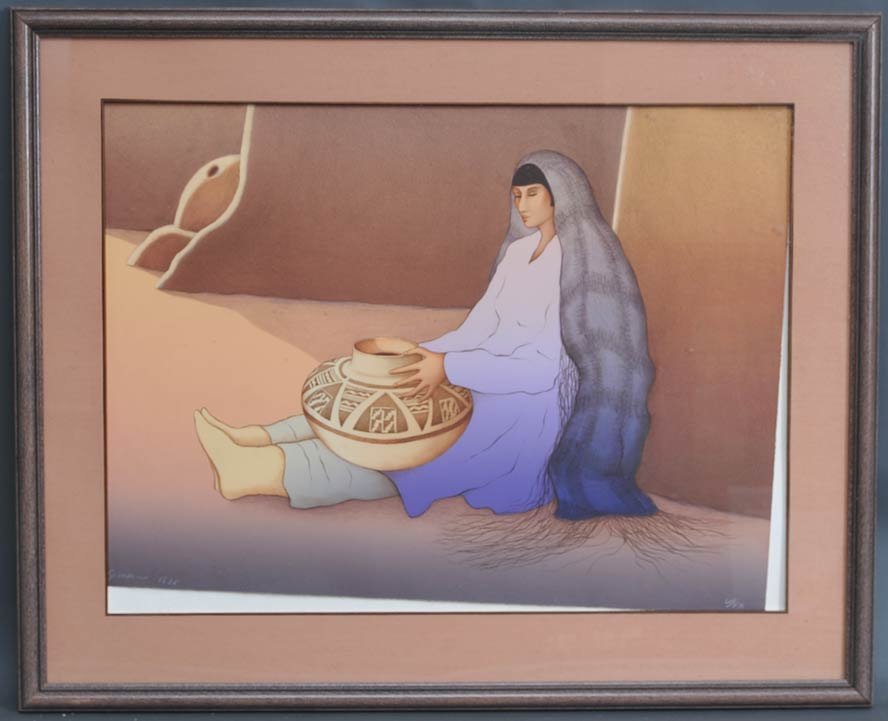 RC Gorman: Woman with Pot 26" x 35" lithograph signed lower left dated 1988 numbered 6/20 estimate 600/900 buyer is responsible for arranging 3rd party shipping.
