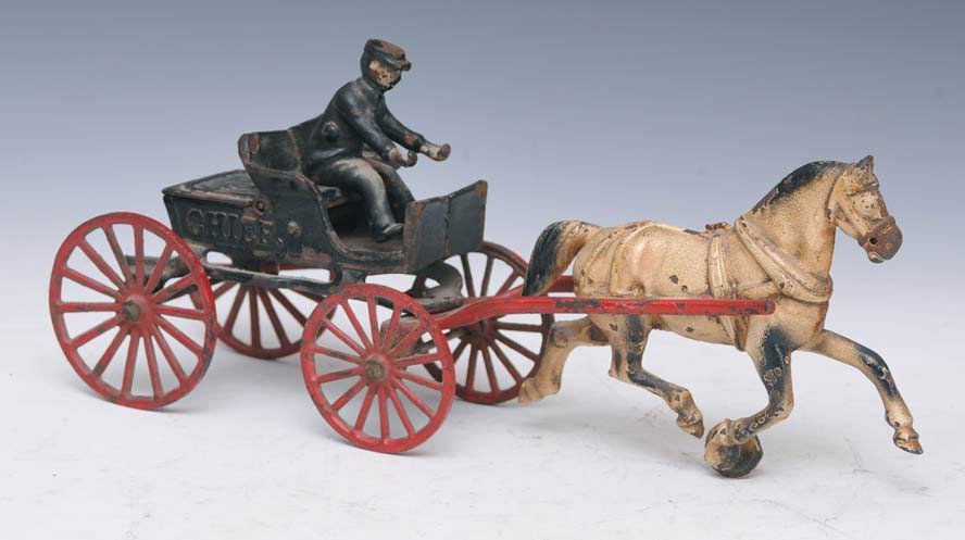 Cast Iron Toy Police Chief Sulky: 15" long, early 20th century estimate 300/500 $35 Shipping available within the Continental USA . This amount excludes insurance which will be calculated based upon the selling price. All Internationa