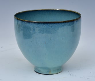 Edwin and Mary Scheier Art Pottery Footed Bowl,  Blue "Robin's Egg" Glaze