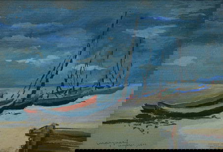 manner of Albert Marquet (1875 - 1947), Fishing Boats on the Beach: manner of Albert Marquet (1875 - 1947) Fishing Boats on the Beach 7.5" x 11" gouache on tan wove paper signed lower left "A. Marquet 1932" framed to 14"x20"