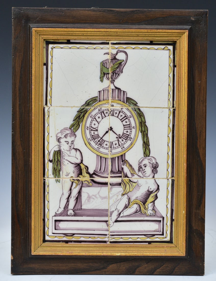 Delft Tile Faience Wall Plaque, with cherubs, clock, 19"x14", 18th century DUTCH (1 of 4)