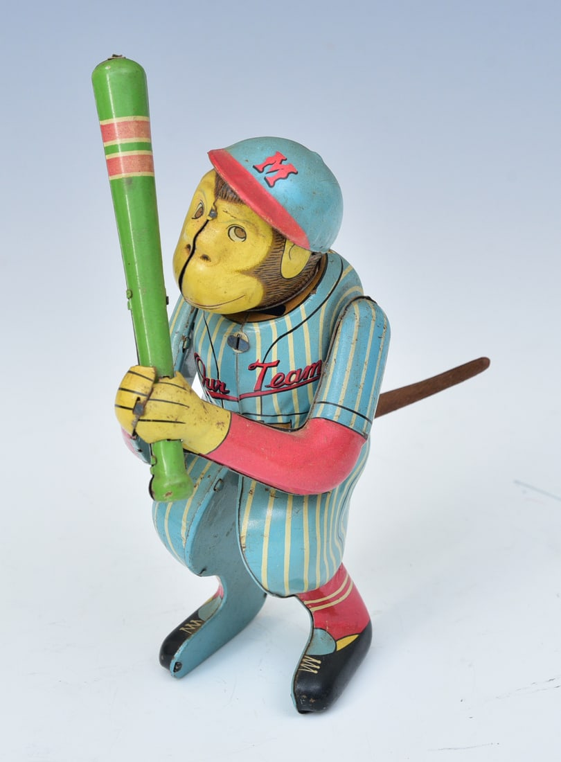 "Our Team" Monkey Baseball Tin Windup Toy, by AAA, Japan, circa 1950 (1 of 7)