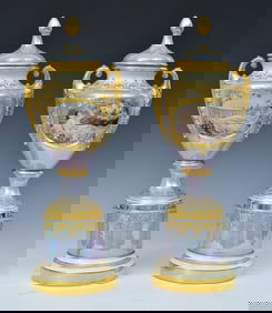 Impressive Pair of Royal Vienna Style Hand Painted Porcelain Urns