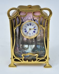 French Art Nouveau Enameled Table Clock, forest interior, circa 1900
