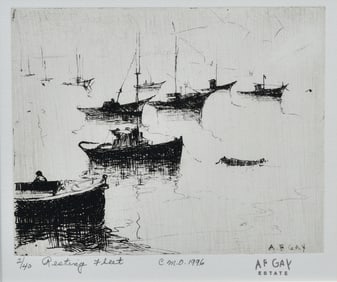 AUGUST GAY (1890-1948) Etching. Resting Fleet