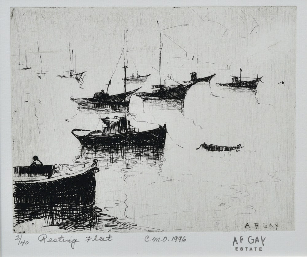 AUGUST GAY (1890-1948) Etching. Resting Fleet (1 of 2)