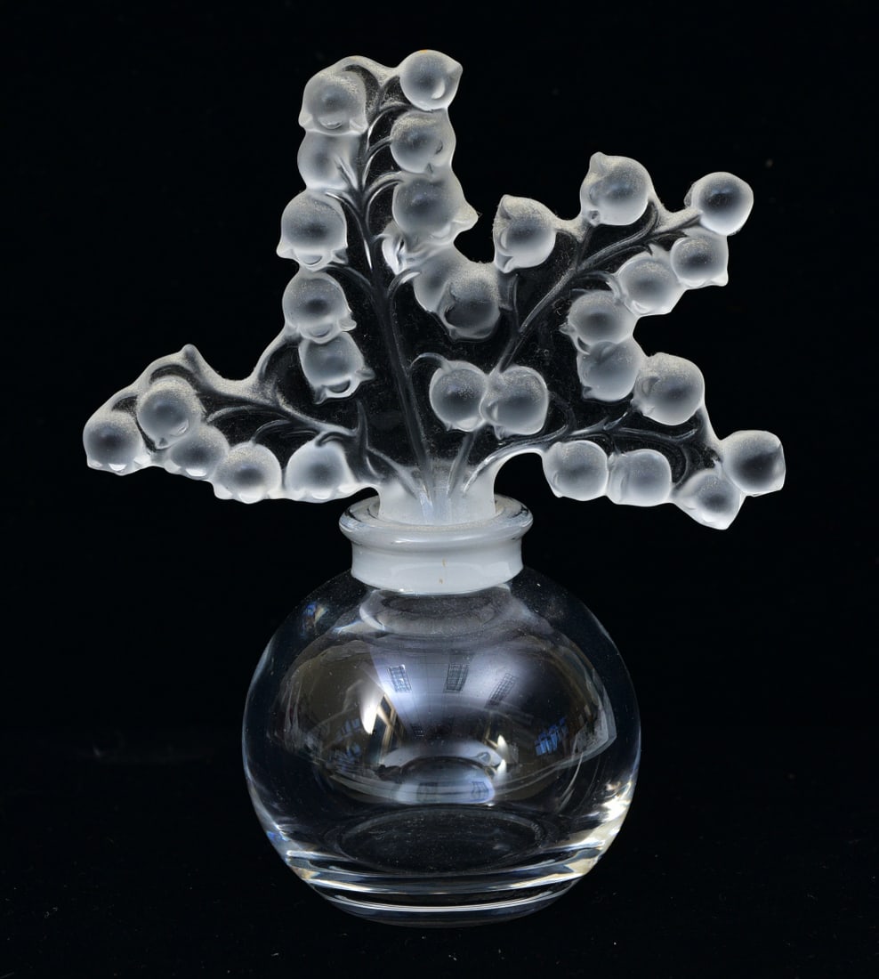 Lalique Crystal Clairefontaine "Lily of the Valley" Perfume Bottle: Lalique Crystal Clairefontaine "Lily of the Valley" Perfume Bottle 4 5/8" high signed on bottom Entitled 'Clairefontaine' - a reference to the Clairefontaine garden, located in the South West of Paris
