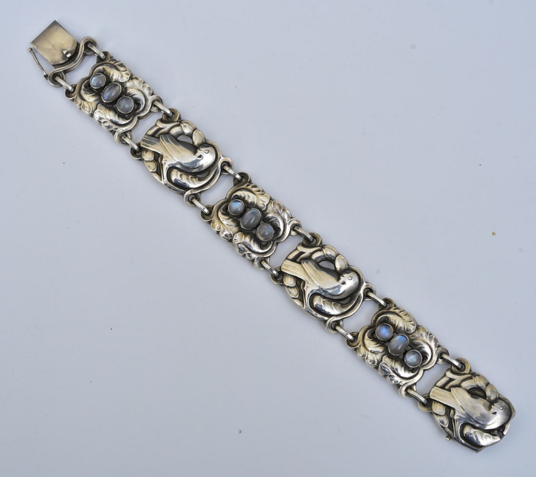 Georg Jensen, Denmark Moonstone and Sterling Silver Bracelet with Doves (1 of 4)