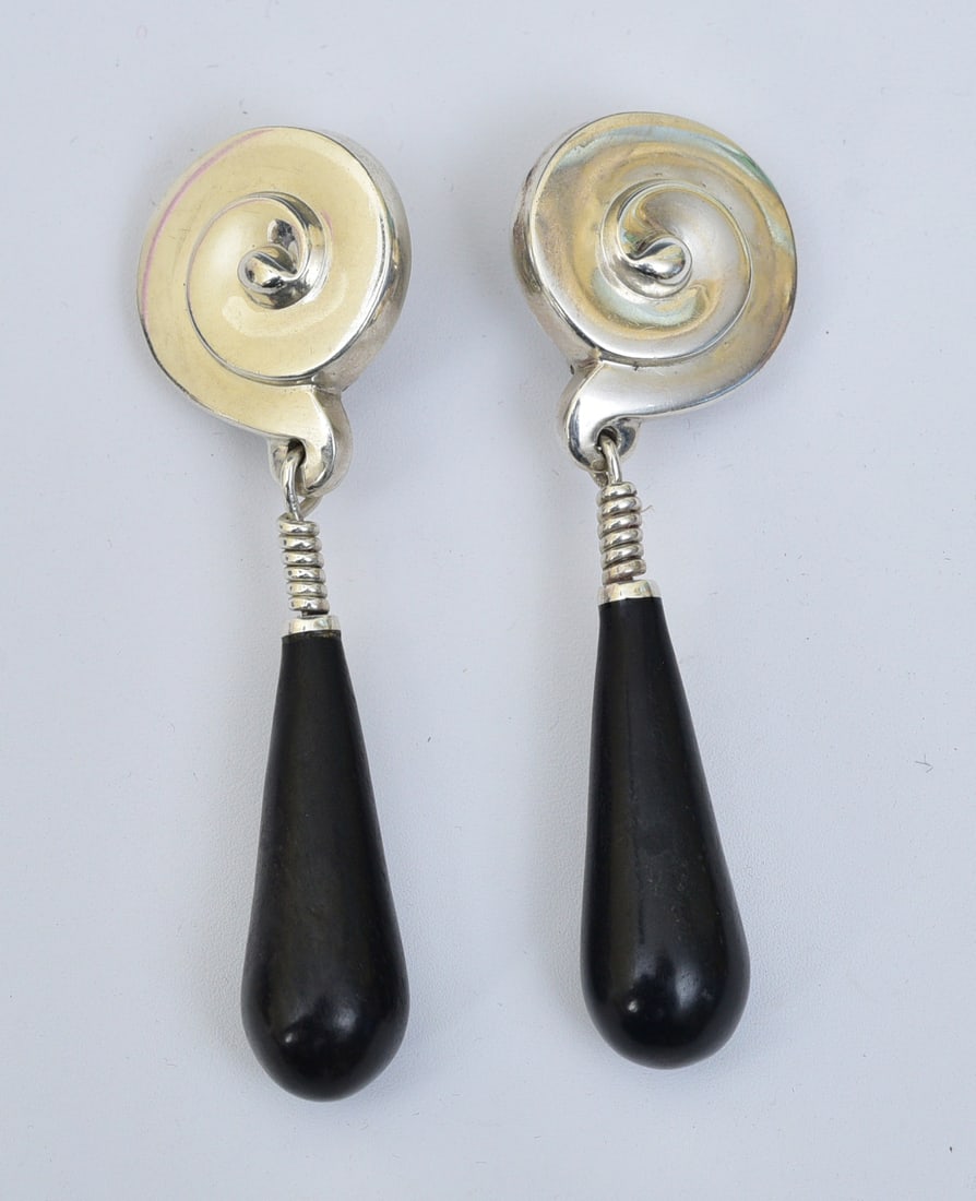 Patricia Von Musulin, Sterling Silver and Wood Modernist Earrings: Patricia Von Musulin, Sterling Silver and Wood Modernist Earrings 3 1/4" long, 1" wide stamped with maker's mark 1.1 troy ounces