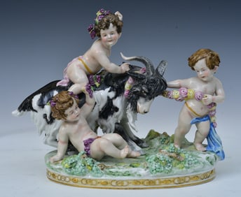 Sitzendorf Porcelain Group, 3 Putti with Goat