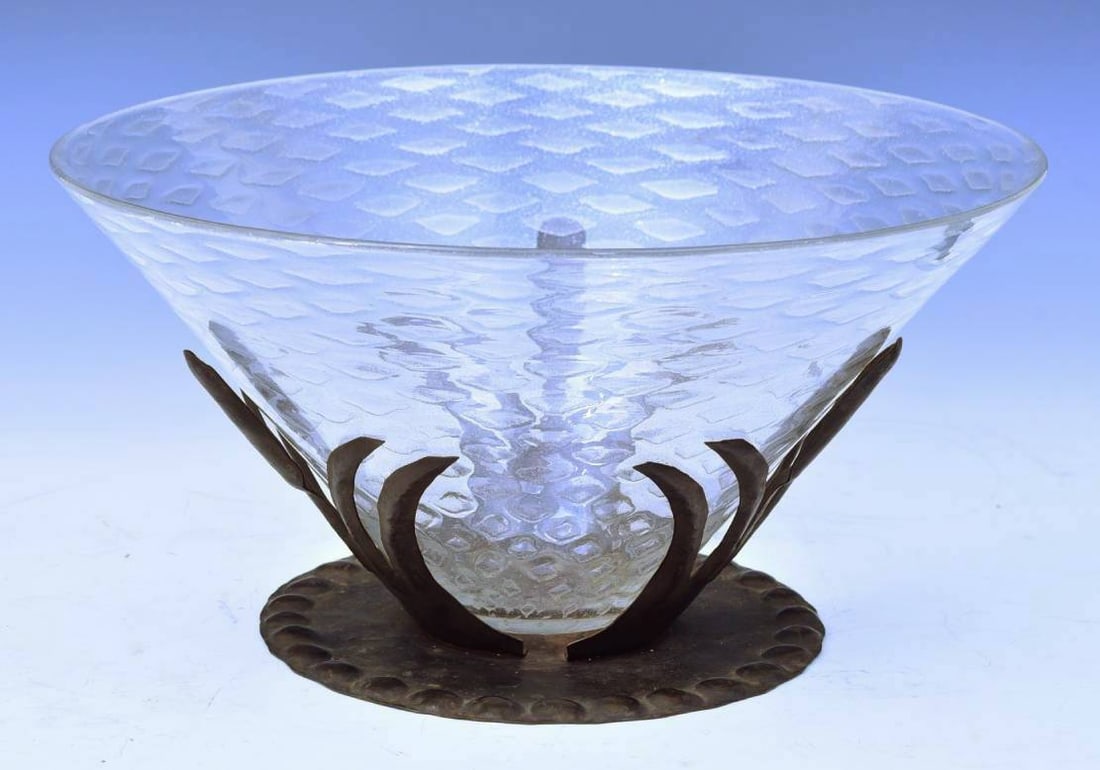 Arts & Crafts Centerpiece with Steuben Liner: Arts & Crafts Wrought Iron Centerpiece with Steuben Liner 15" diameter, 7 1/2" high glass liner signed on bottom early 20th century