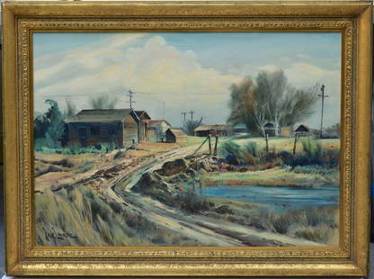 Paul Lauritz (1889-1975), California Farm: Paul Lauritz (American, 1889-1975), "California Farm Scene" 24"x34" oil on canvas signed lower left framed to 30"x40"