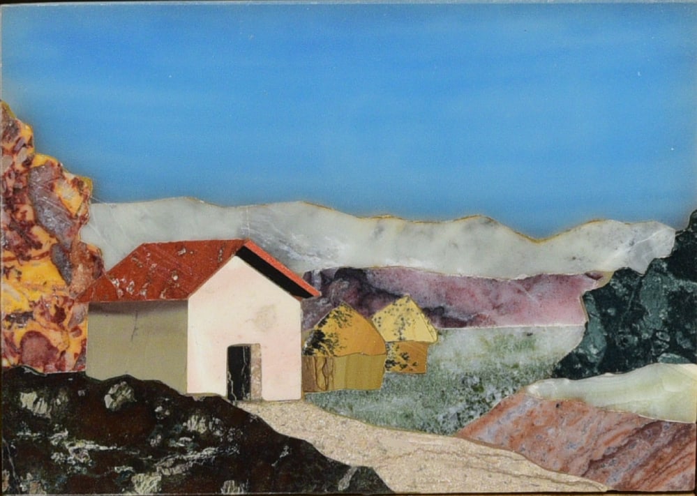 Framed Pietra Dura Marble Plaque, Village Scene (1 of 2)