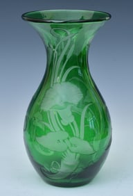 attributed to Stevens & Williams, Green Cut Glass Vase with flowers