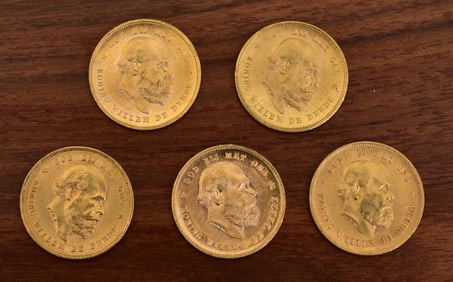 Lot of (5) Dutch Ten Gilder Gold Coins