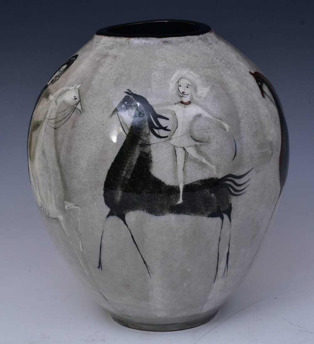 Large Polia Pillin (1909-1992) Pottery Vase: Large Polia Pillin (1909-1992) Pottery Vase with circus motif, acrobats on horseback10.75" highsigned on bottom