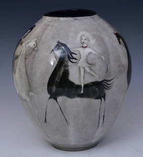 Large Polia Pillin (1909-1992) Pottery Vase: Large Polia Pillin (1909-1992) Pottery Vase with circus motif, acrobats on horseback10.75" highsigned on bottomafter a model by C.H. Gremion incised CH GREMION 26" high, 14 1/2" wide circa 1900