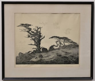 Ferdinand Burgdorff (1881-1975) Etching, Cypress at Sunset