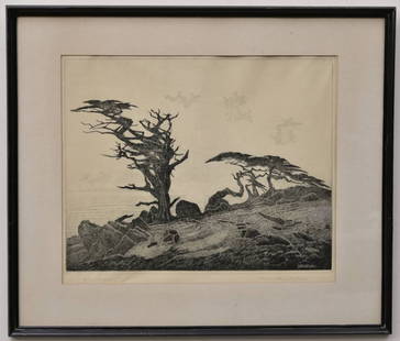 Ferdinand Burgdorff (1881-1975) Etching, Cypress at Sunset: Ferdinand Burgdorff (1881-1975) Etching, Cypress at Sunset 13.5" x 16.75" framed to 20"x24" pencil signed lower right and dated 1945 titled lower left in pencil