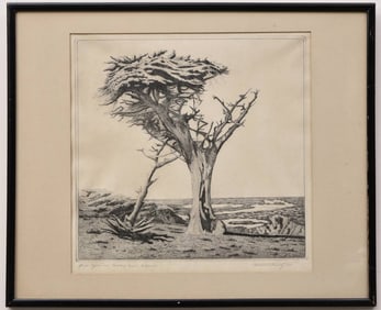 Ferdinand Burgdorff (1881-1975) Etching, Cypress Trees, Monterey Coast