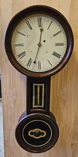 George Hatch "Baltimore" Figure 8 Banjo Clock: RARE George Hatch "Baltimore" Figure 8 banjo clock North Attleboro, Mass. round bottom banjo clock, grain painted case, painted metal dial steel moon hands 8 day time only weight driven brass movement