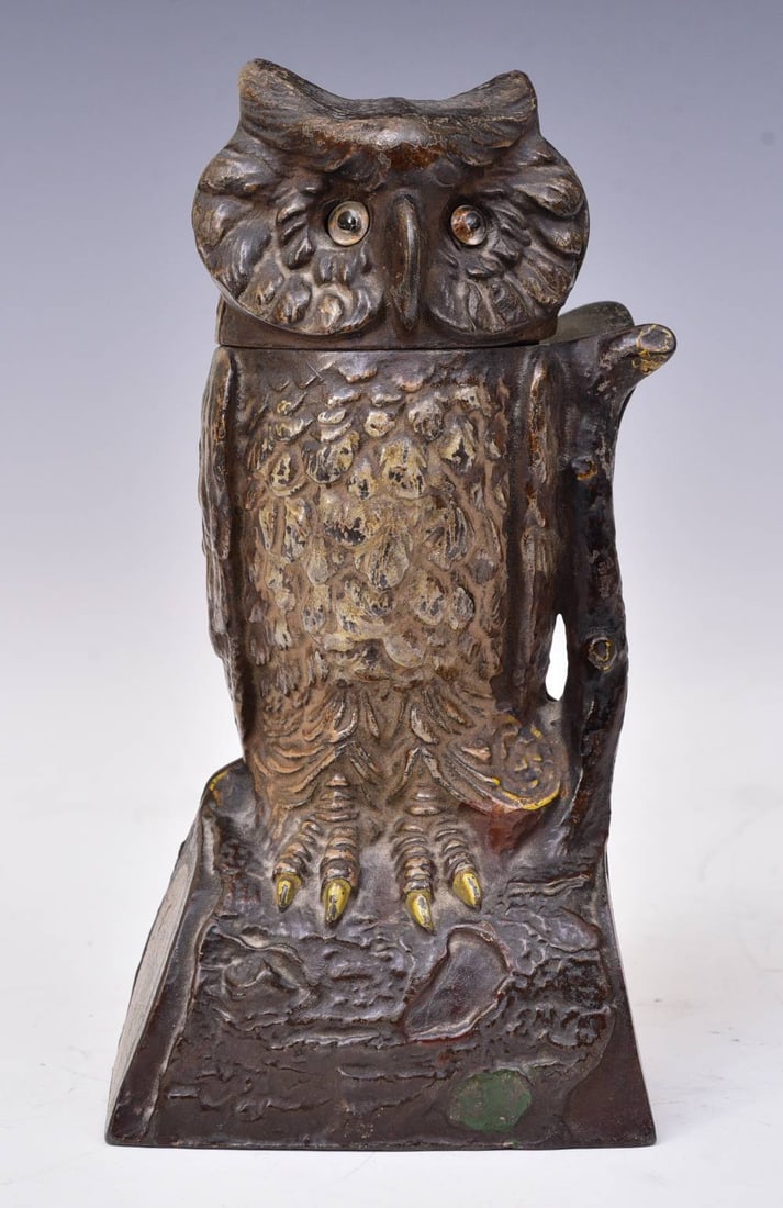 J & E Stevens Cast Iron Owl Mechanical Bank (1 of 3)