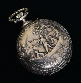 Swiss Pin Set "Date" 15 jewel Silver Pocket Watch with Repousse Sporting Scenes