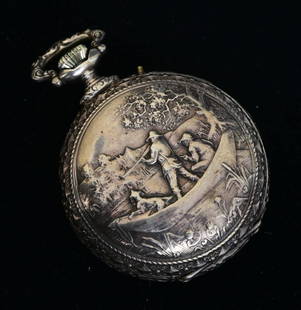 Swiss Pin Set "Date" 15 jewel Silver Pocket Watch with Repousse Sporting Scenes: Swiss Pin Set "Date" 15 jewel Silver Pocket Watch the inner case engraved, "remontoir ancre ligne droite" with .800 silver case, fishing on one side, hunting on the other and a hand indicating the day