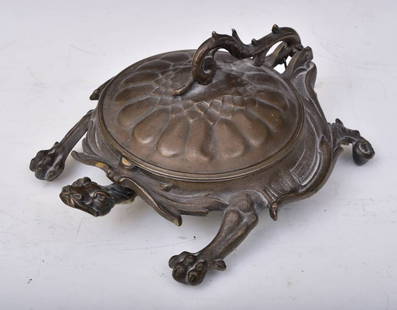 BRADLEY & HUBBARD Cast Iron Turtle Spittoon with original liner: BRADLEY & HUBBARD Cast Iron Turtle Spittoon with original liner stamped "3612" underneath 11 1/2" long, 9" wide, 5" high circa 1900