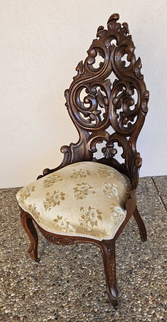 attributed to Elija Galusha, pierce carved Victorian Walnut Parlor Chair (1 of 6)
