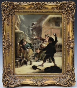 Thomas Webster (1800 - 1886) Snowballing, 15"x12" oil on canvas