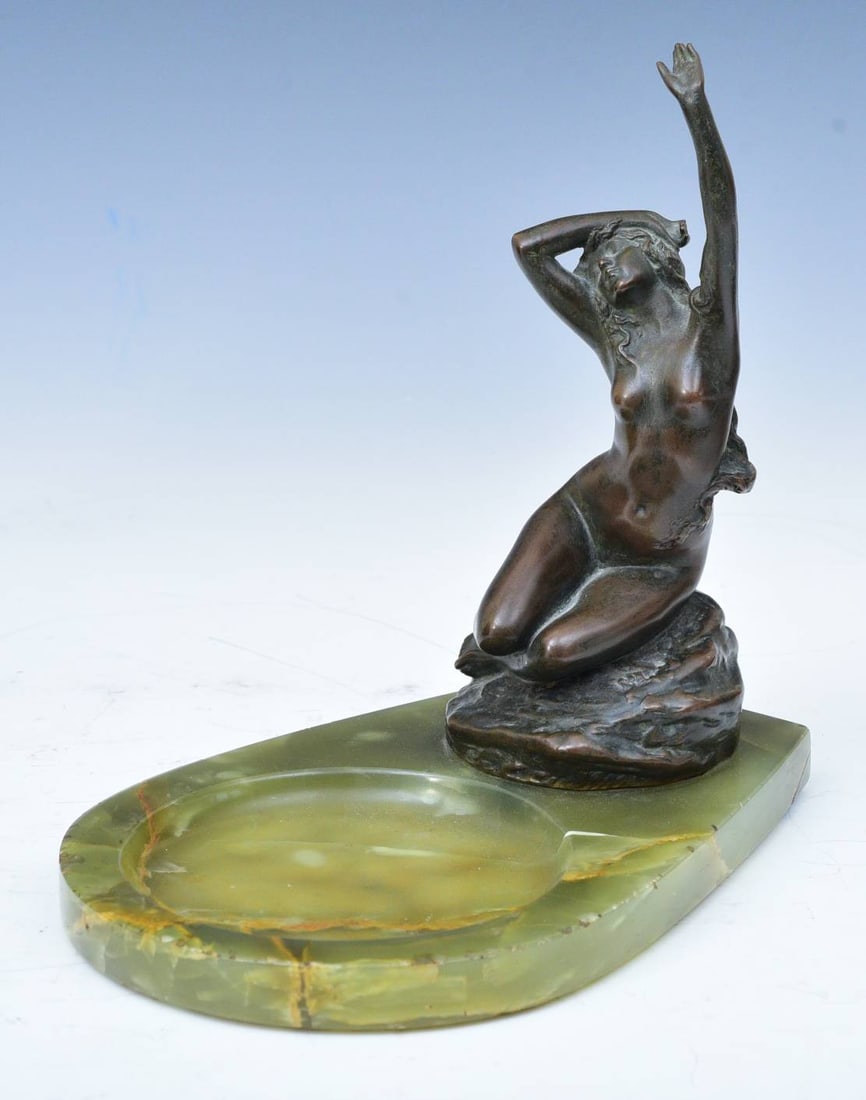 Franz Seifert (1866 - 1951) Austrian Bronze Nude and Onyx Desk Piece: Franz Seifert (1866 - 1951) Bronze and Onyx Desk Piece Austria Nude woman with outstretched arm on rock 9 1/2" high, 9 1/2" long, 6 1/2" wide circa 1920