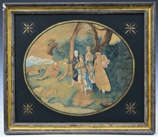 Classical Schoolgirl Folk Art Watercolor, Couple in a Landscape, circa 1820