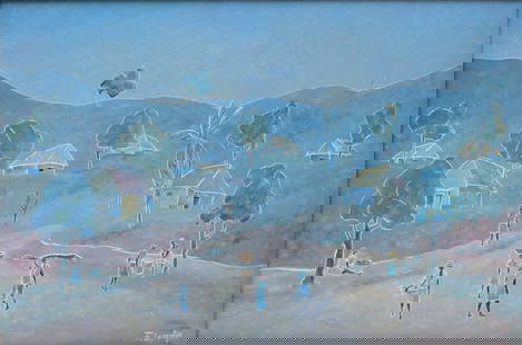 Frantz Lamothe (Haitian, born 1961) Village Scene: Frantz Lamothe (Haitian, born 1961) Village Scene 16"x24" oil on board, framed to 20"x28" signed lower right with gallery label verso