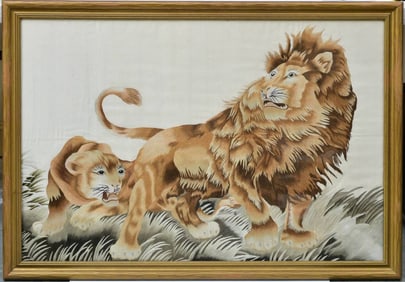 Japanese Meiji Period Embroidered Silk Picture, Lion and Lioness