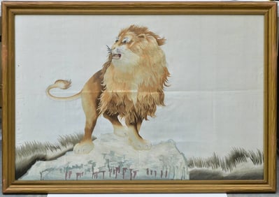 Japanese Meiji Period Embroidered Silk Picture, Lion on a Rock