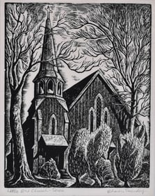 Charles Surrendorf Woodcut, Little Red Church, Sonora (California) 1935