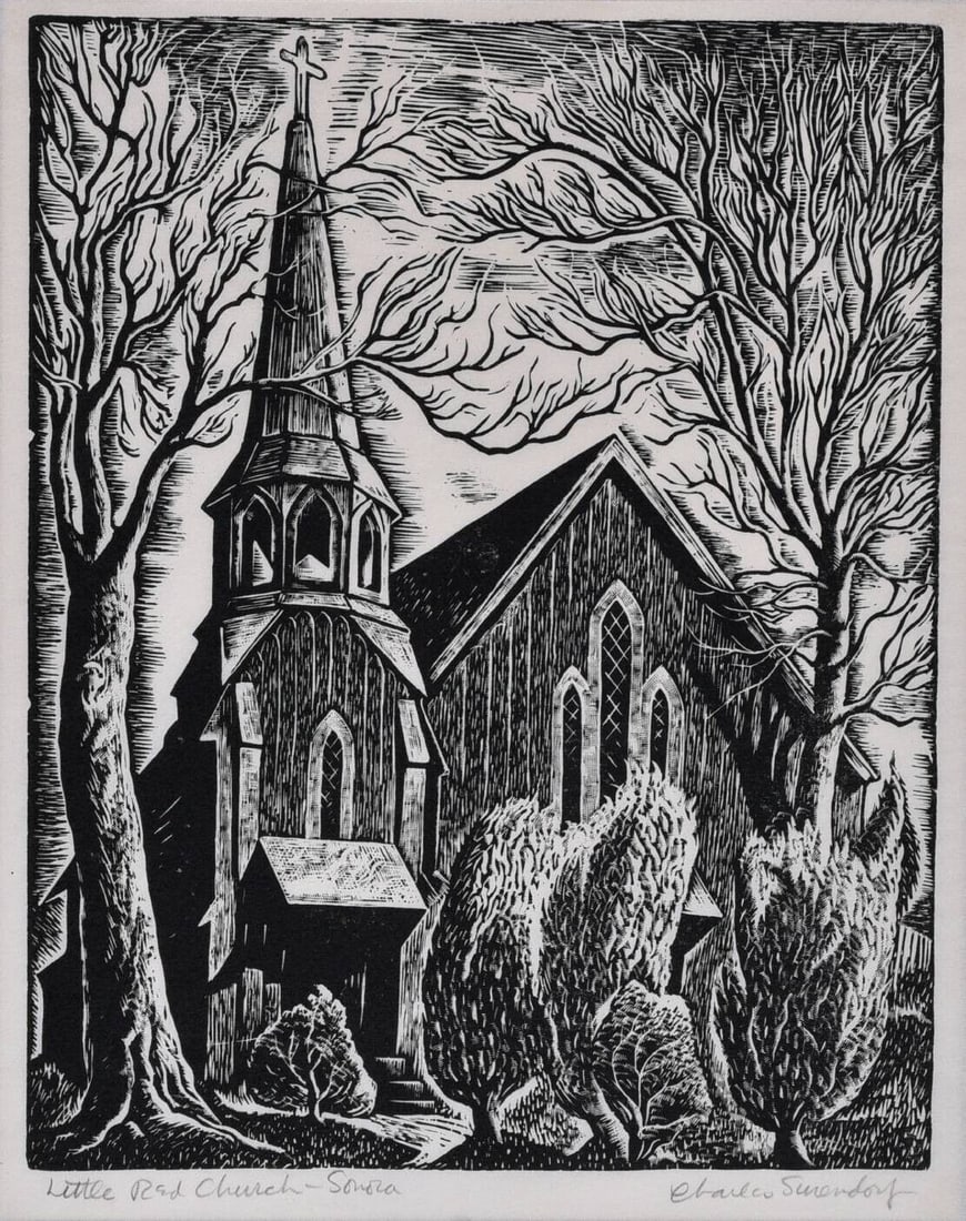 Charles Surrendorf Woodcut, Little Red Church, Sonora (California) 1935 (1 of 3)