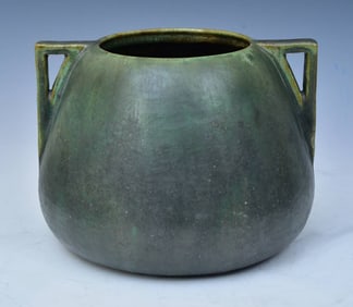 Early Fulper Pottery Mat Green Buttressed Two-Handle Jardiniere