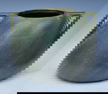 Early Fulper Pottery Mat Green Buttressed Two-Handle Jardiniere: Early Fulper Pottery "Antique Verte" Matte Green Buttressed Two-Handle Jardiniere 9 1/2" diameter, 7 1/4" high with early ink signature circa 1910