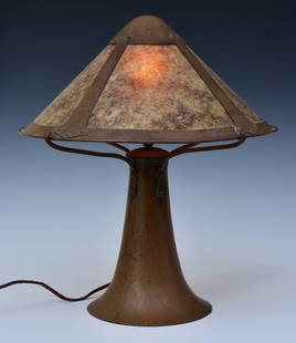Dirk Van Erp Hammered Copper Lamp: Dirk Van Erp Hammered Copper Lamp with mica shade 15 1/4" diameter, 18" high with one socket with broken box signature on bottom circa 1915*** SHIPPING FOR THIS LOT IS BY 3RD PARTY. SEE OUR RECOMMENDE