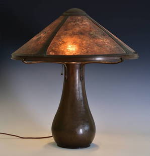 Dirk Van Erp Hammered Copper Lamp: Dirk Van Erp Hammered Copper Lamp with mica shade 20 3/4" diameter, 22" high with four socketswith broken box signature on bottom circa 1915 *** SHIPPING FOR THIS LOT IS BY 3RD PARTY. SEE OUR RECOMMEN