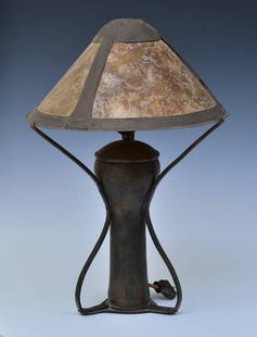 Attributed to Dirk Van Erp Hammered Copper Lamp: Attributed to Dirk Van Erp Hammered Copper Lamp with mica shade 12 1/2" diameter, 18 1/2 high with one socket unsigned circa 1908 *** SHIPPING FOR THIS LOT IS BY 3RD PARTY. SEE OUR RECOMMENDED LIST. *