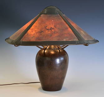 Dirk Van Erp Hammered Copper Lamp: Dirk Van Erp Hammered Copper Lamp with mica shade 20" diameter, 18 1/2 high with four socket signed with "closed box" signature circa 1911-1912 *** SHIPPING FOR THIS LOT IS BY 3RD PARTY. SEE OUR RECOM