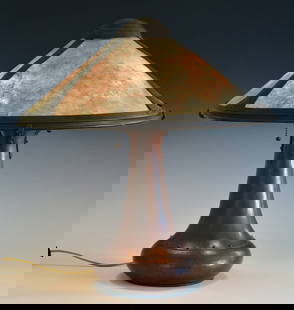 Dirk Van Erp Hammered Copper Lamp: Dirk Van Erp Hammered Copper Lamp with mica shade 18 1/4" diameter, 19" high with two sockets open box windmill signature circa 1915 *** SHIPPING FOR THIS LOT IS BY 3RD PARTY. SEE OUR RECOMMENDED LIST
