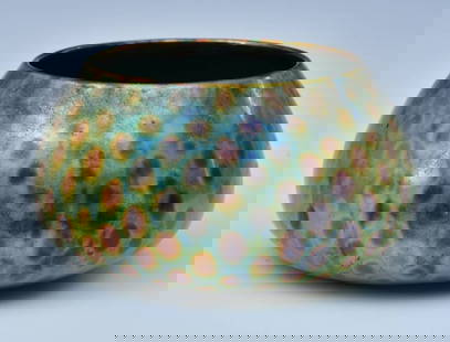 Zsolnay Iridescent "Eozin" Decorated Green Bowl: Zsolnay Iridescent Decorated Green Bowl with amber/gold dots against a greenish blue ground 7" diameter, 3 3/4" high with Zsolnay mark on bottom circa 1910