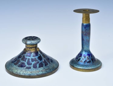Loetz Blue Iridescent Ink Pot with brass mounts and Matching Candlestick