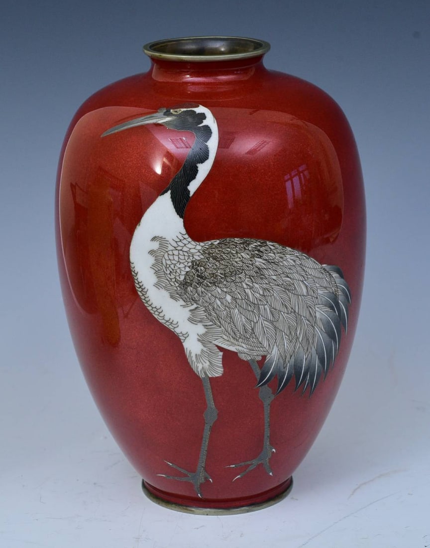 Japanese Cloisonne Vase with Egret: Japanese Cloisonne Vase with Egret 9 1/2 high early 20th century