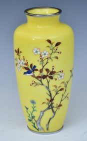 Japanese Cloisonne Vase with a Bird in Cherry Tree
