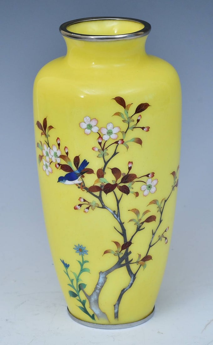 Japanese Cloisonne Vase with a Bird in Cherry Tree: Japanese Cloisonne Vase with a Bird in Cherry Treet with custard yellow ground 8 1/2 high early 20th century